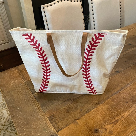 Handbags - Burlap Baseball Bag, White/Red
